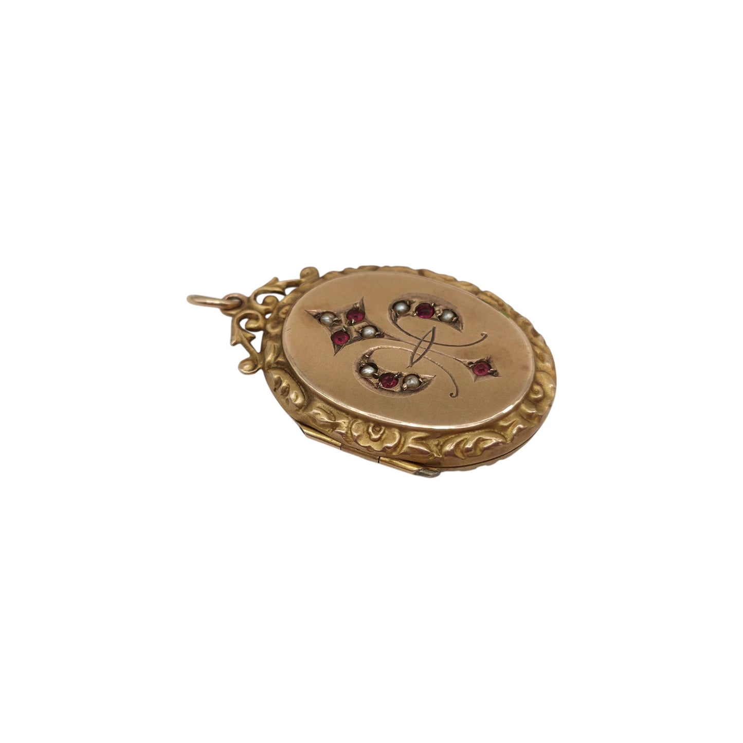 Chester 9ct 375 Yellow Gold Photo Locket Pendant With Ruby & Pearls L 3.0 cm 4.6 g.