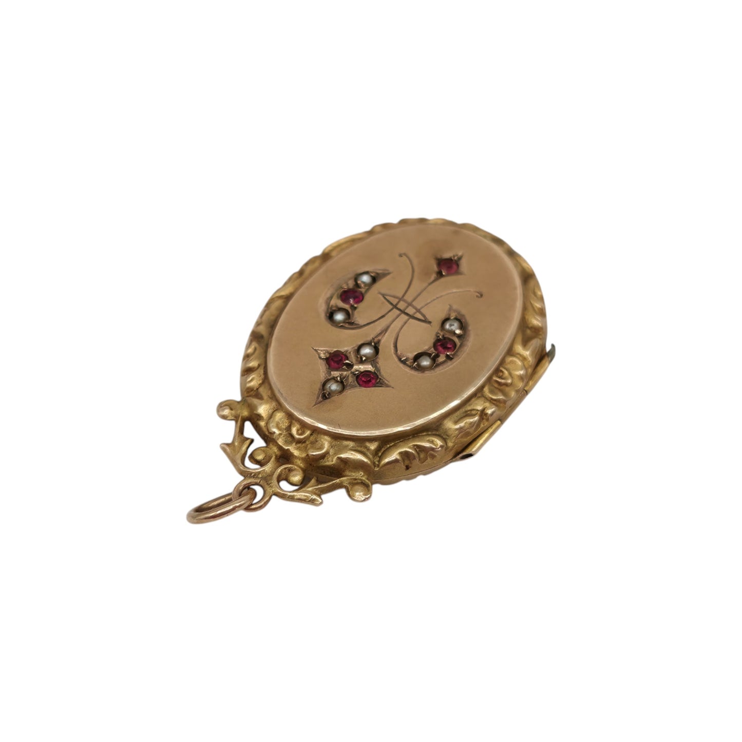 Chester 9ct 375 Yellow Gold Photo Locket Pendant With Ruby & Pearls L 3.0 cm 4.6 g.