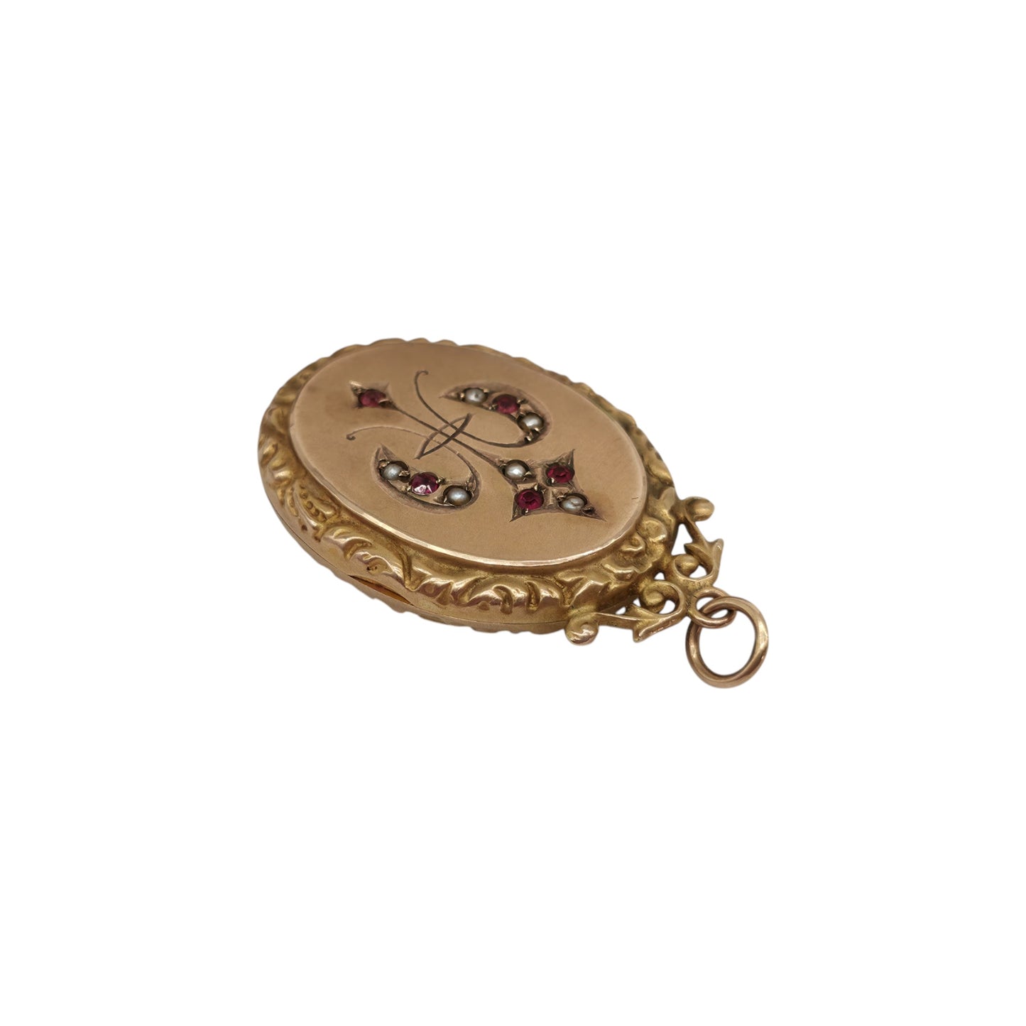 Chester 9ct 375 Yellow Gold Photo Locket Pendant With Ruby & Pearls L 3.0 cm 4.6 g.