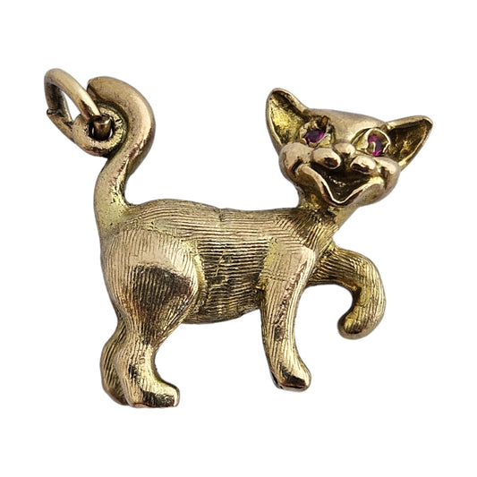 Georg Jensen 9ct 375 Yellow Gold Playful Cat with Red Eyes Charm 1963 L 2.0 cm 6.6 g