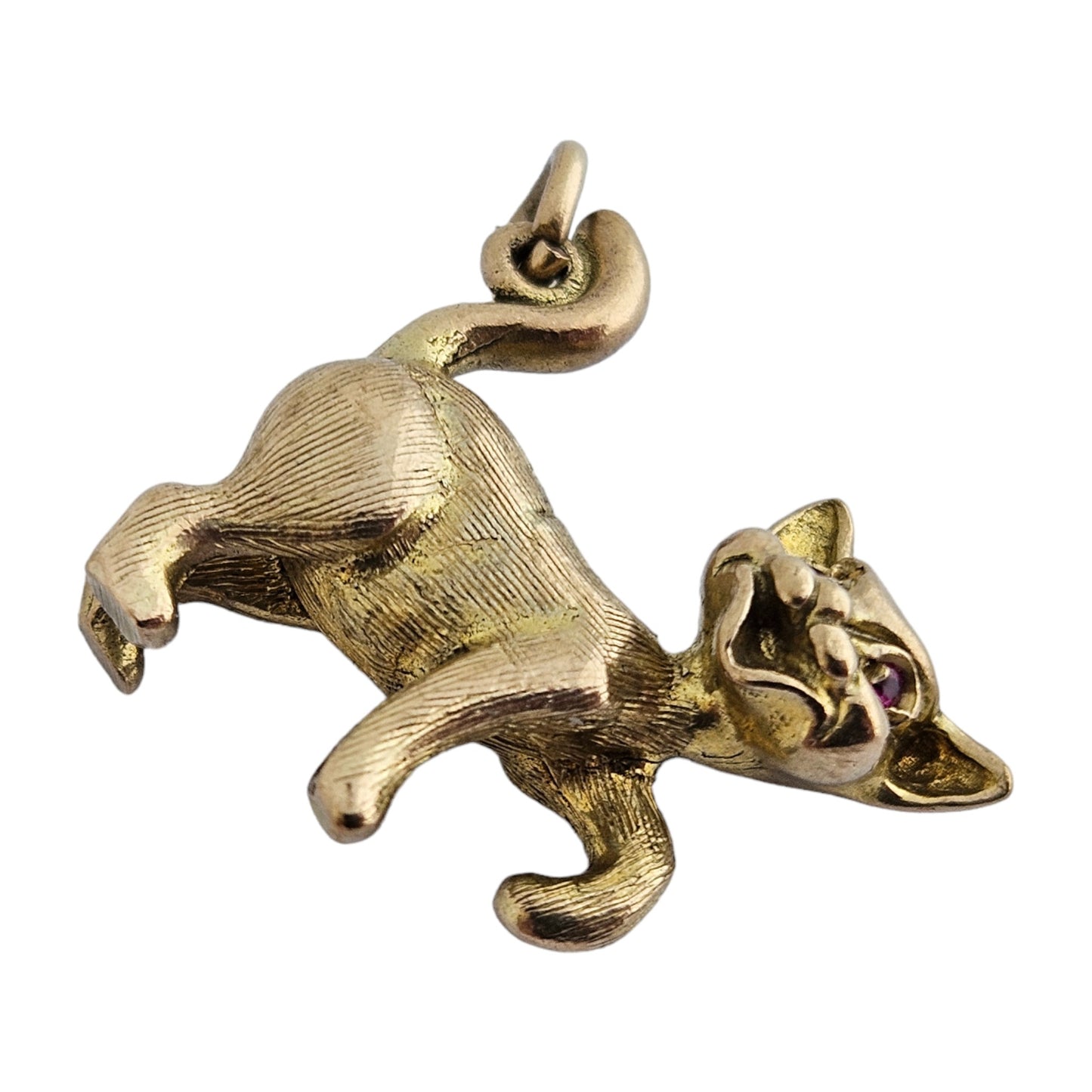 Georg Jensen 9ct 375 Yellow Gold Playful Cat with Red Eyes Charm 1963 L 2.0 cm 6.6 g