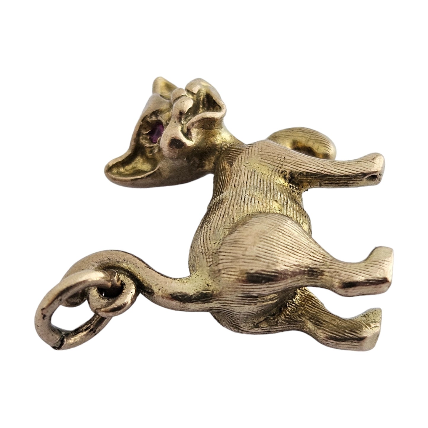 Georg Jensen 9ct 375 Yellow Gold Playful Cat with Red Eyes Charm 1963 L 2.0 cm 6.6 g