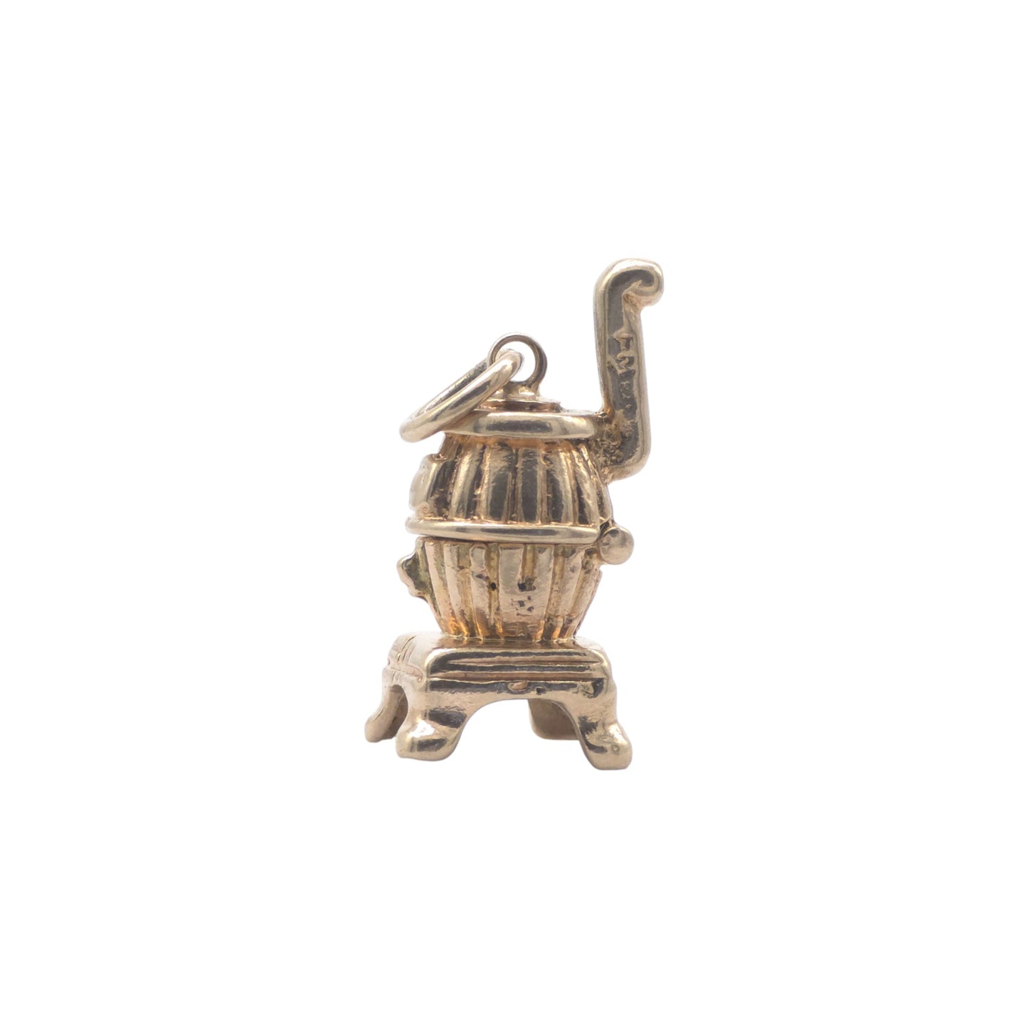 Unusual 9ct 375 Yellow Gold Potbelly Stove Opening Charm c.1955 L 2.1 cm 4.5 g.