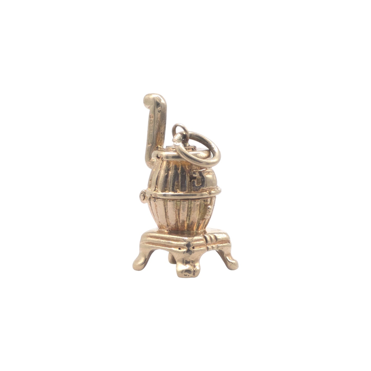 Unusual 9ct 375 Yellow Gold Potbelly Stove Opening Charm c.1955 L 2.1 cm 4.5 g.