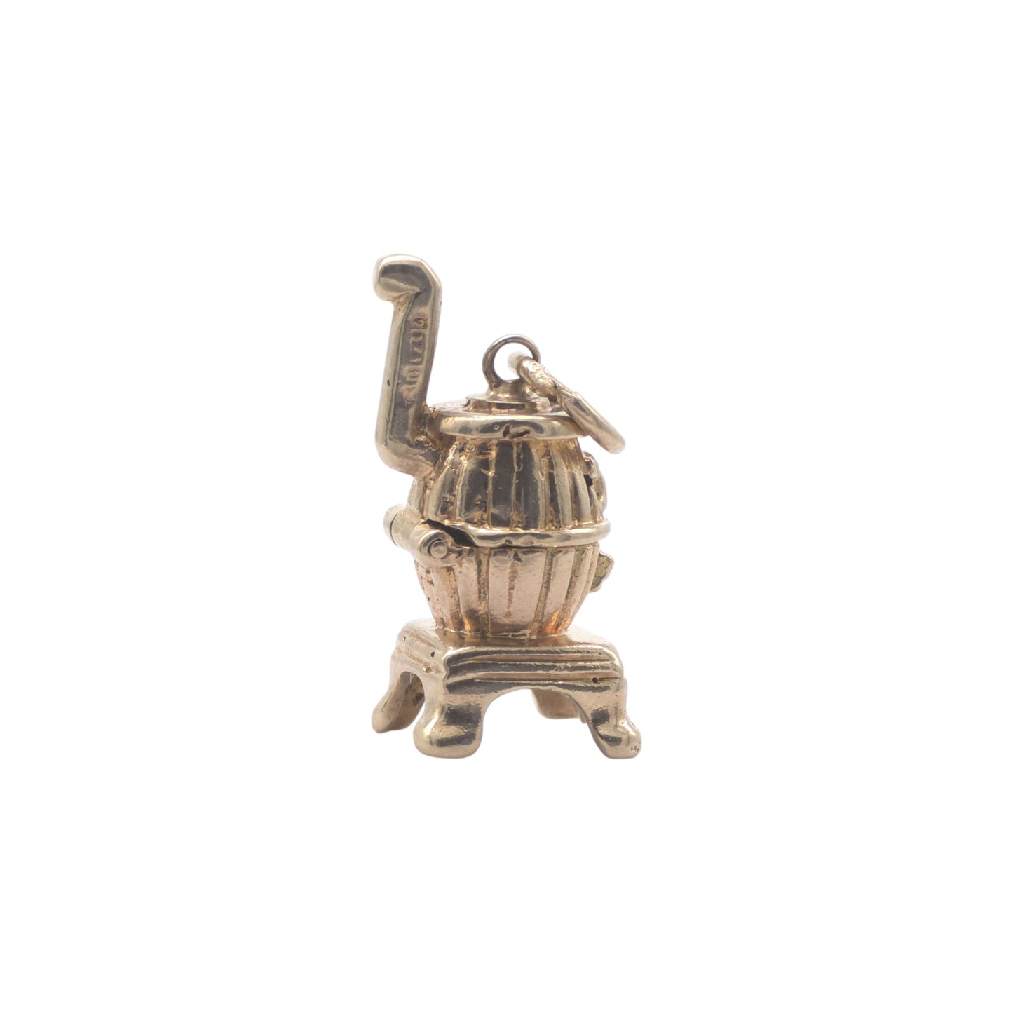 Unusual 9ct 375 Yellow Gold Potbelly Stove Opening Charm c.1955 L 2.1 cm 4.5 g.