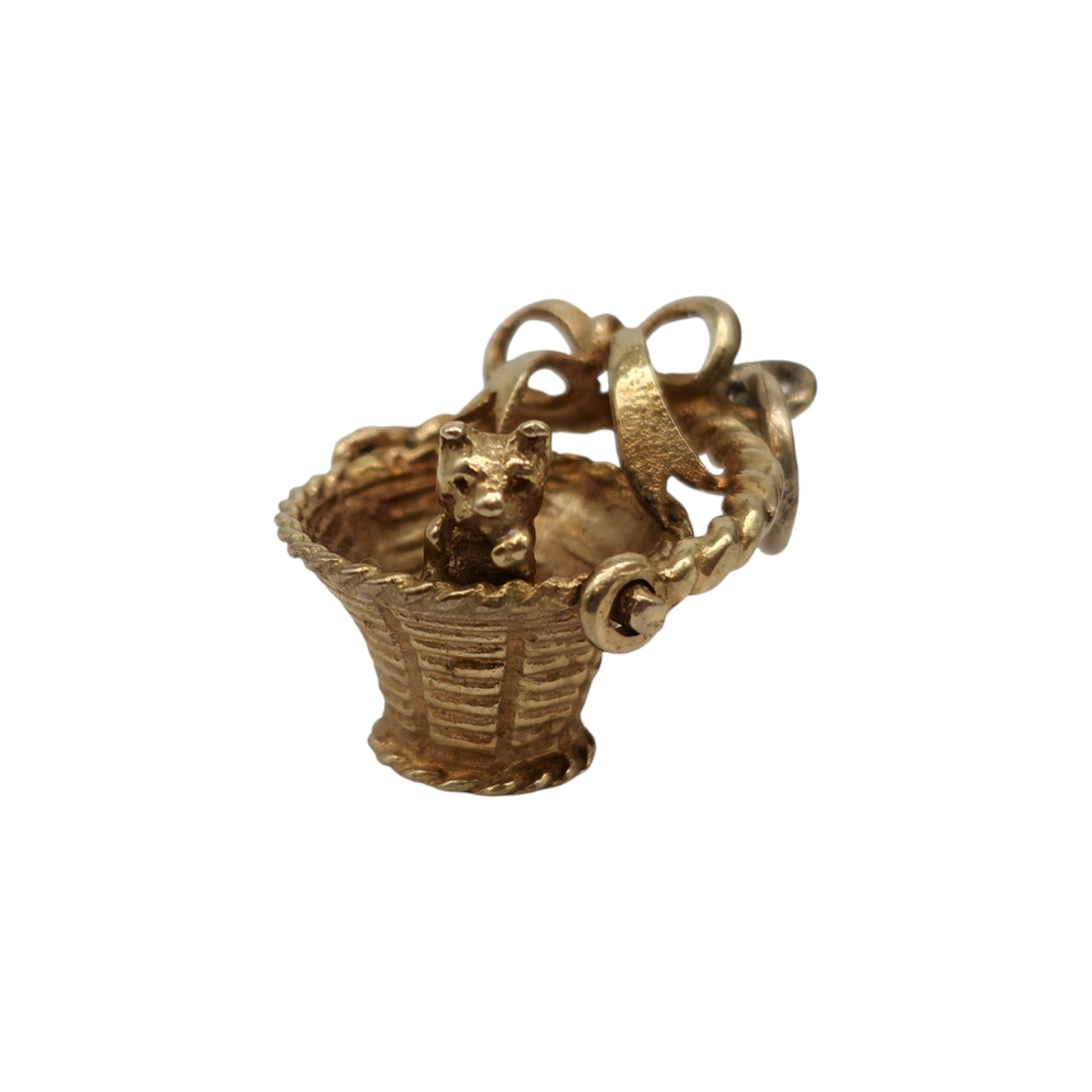 9ct 375 Yellow Gold Puppy In Basket Charm 1970 L 1.7 cm 2.6 g.