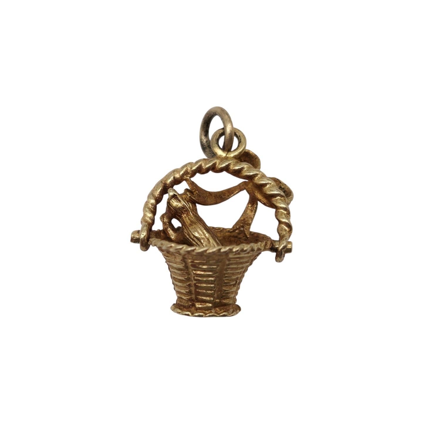 9ct 375 Yellow Gold Puppy In Basket Charm 1970 L 1.7 cm 2.6 g.