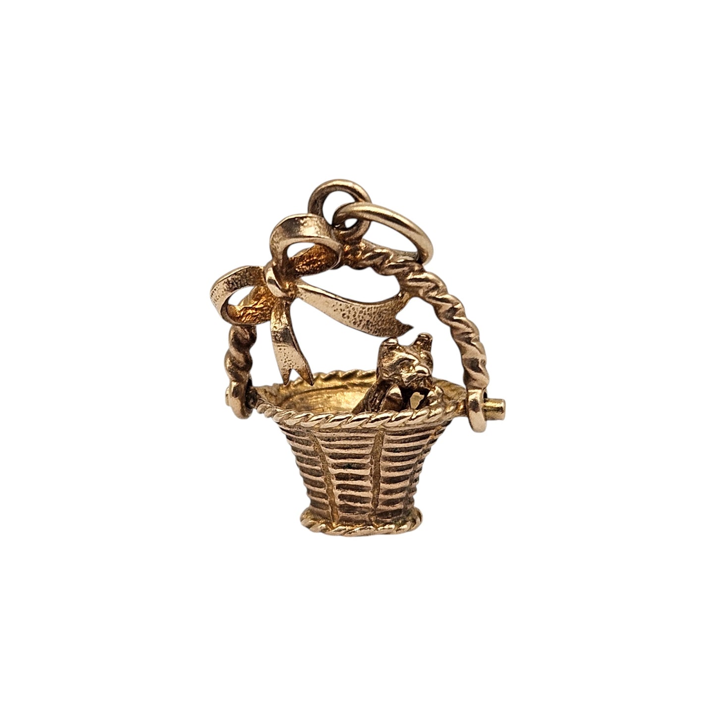 9ct 375 Yellow Gold Puppy In Basket 1970 L 1.7 cm 2.6 g.