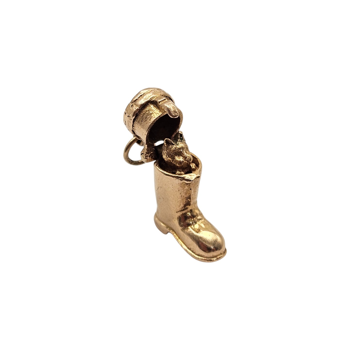 Cute 9ct 375 Yellow Gold Puss In Boot Opening Charm 1966 L 1.6 cm 4.0 g.