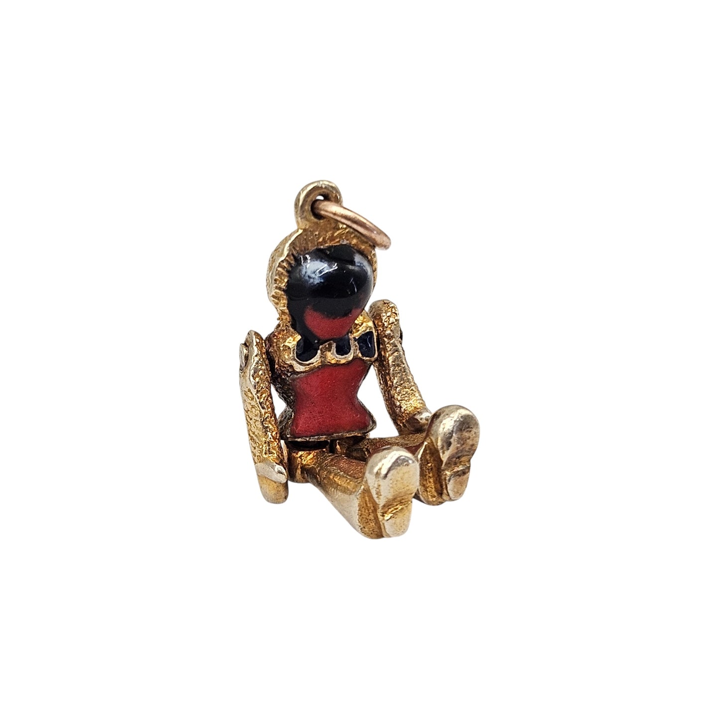 9ct 375 Yellow Gold & Enamel Articulated Rag Doll Charm 1949 L 1.2 cm 3.5 g.