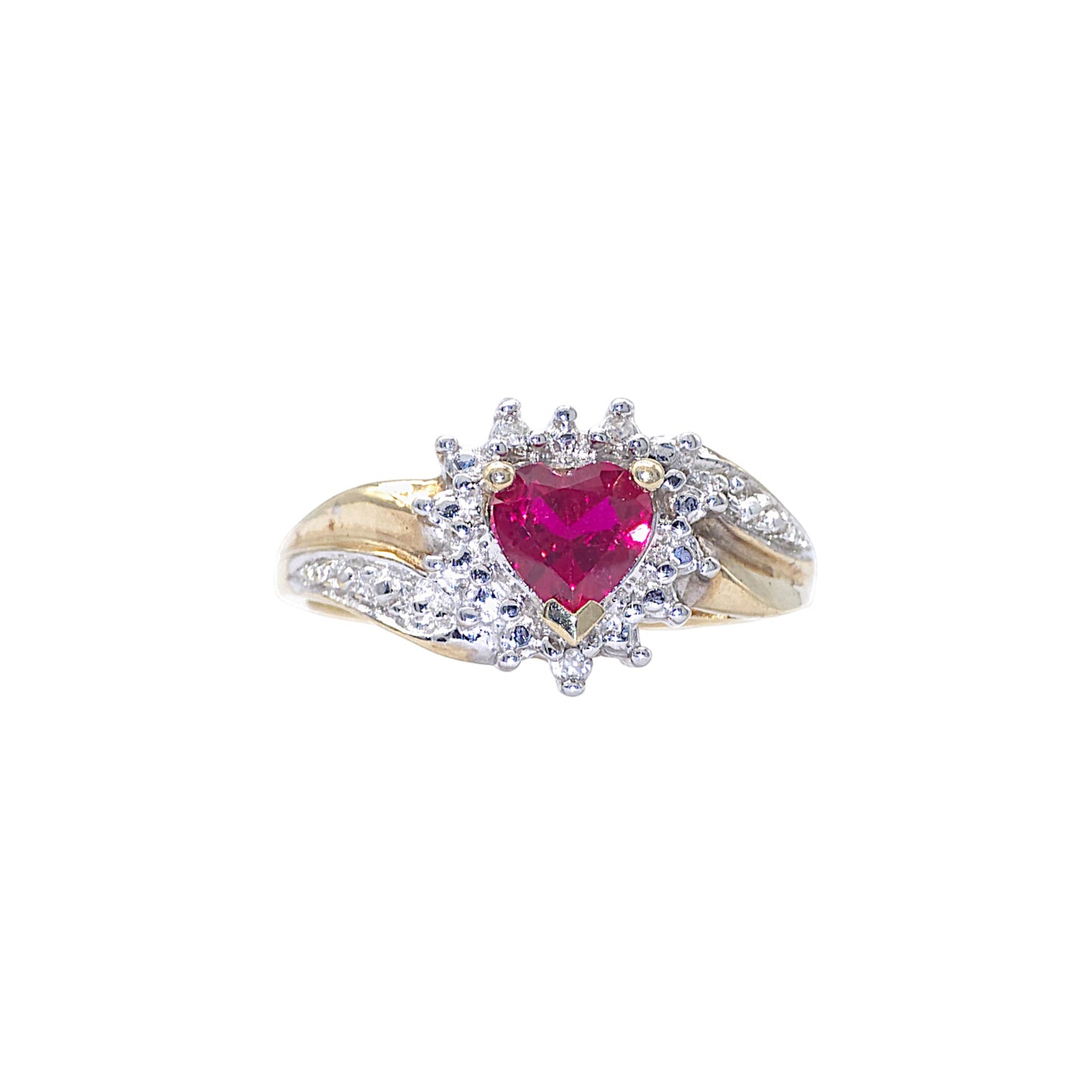 9ct gold Heart Ring with red Spinel and 3 diamond chips