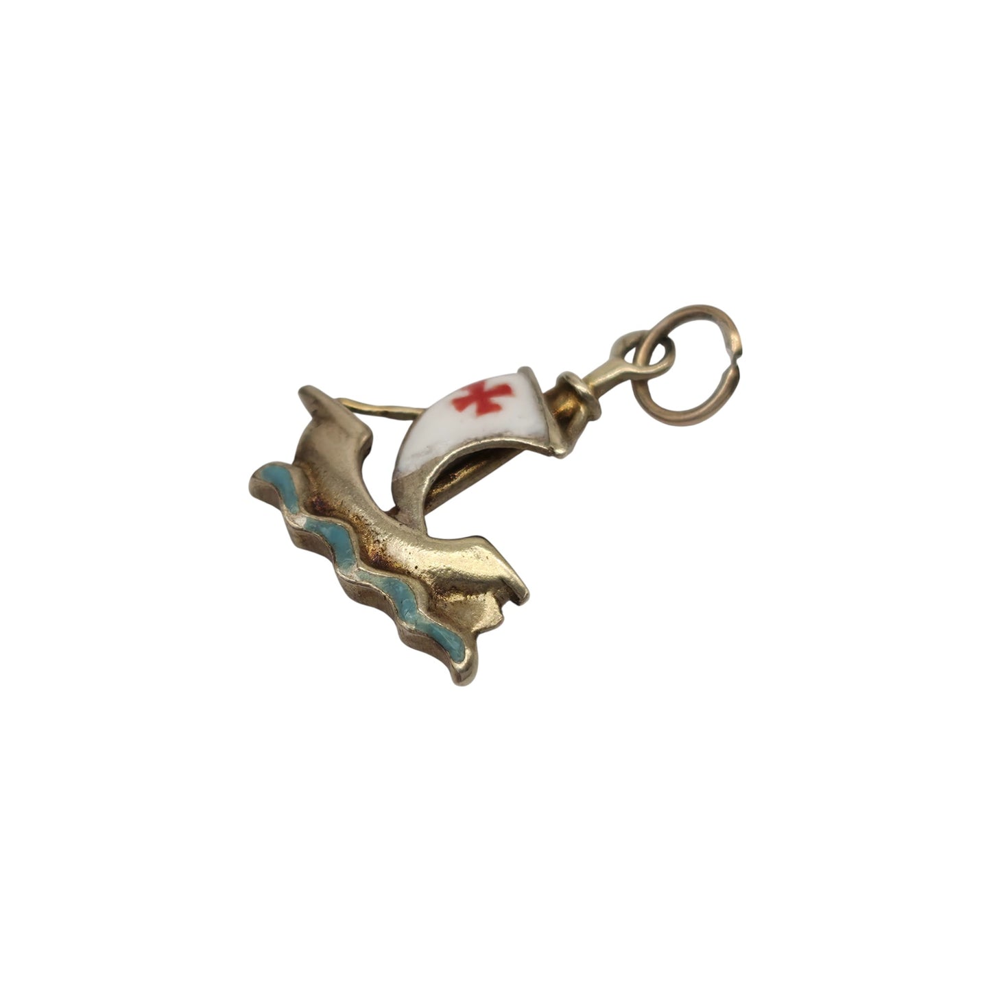 9ct 375 Yellow Gold & Enamel Sailing Ship Charm 1949 L 1.3 cm 1.2 g.