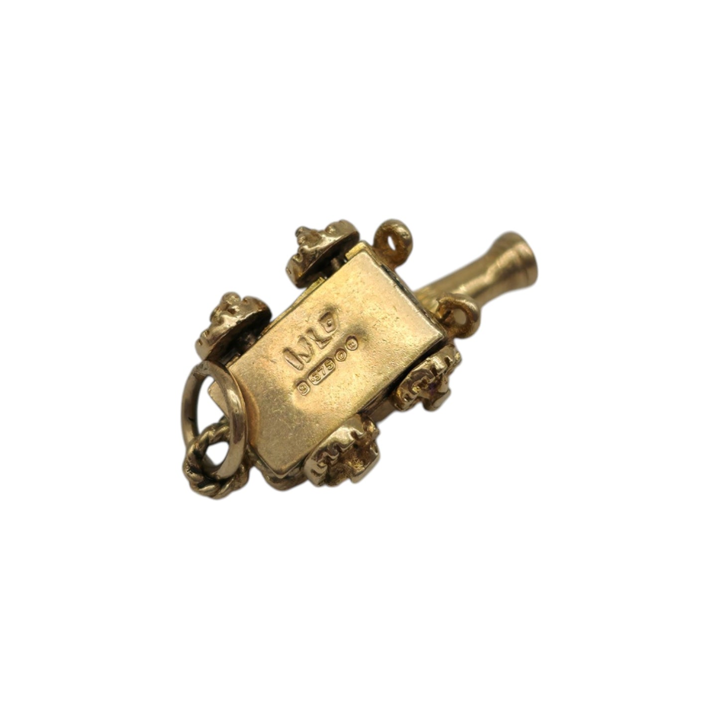 9ct 375 Yellow Gold Articulated Ship Cannon Charm 1969 L 1.7 cm 3.1 g.