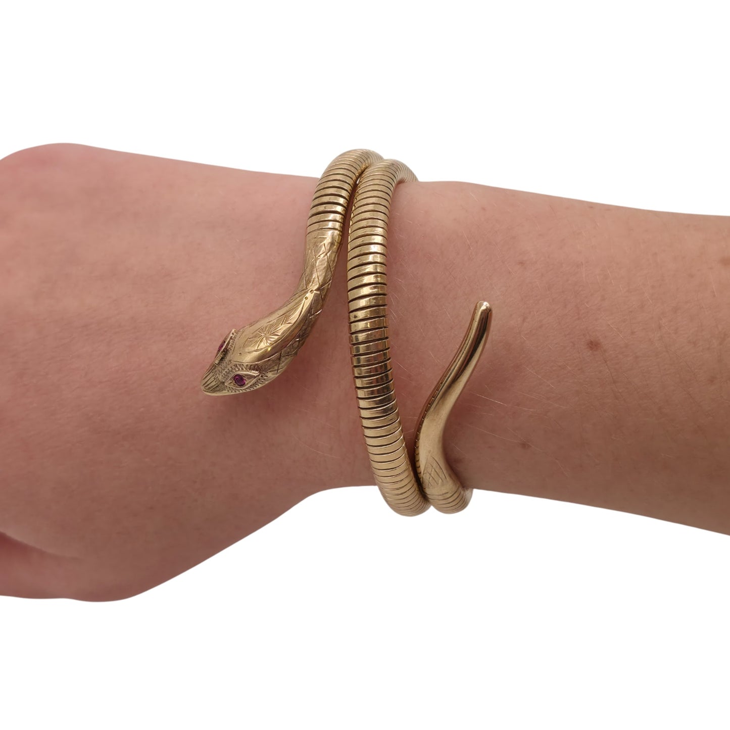 9ct 375 Yellow Gold Snake Bangle With Ruby Eyes 1966, 30.4 g.