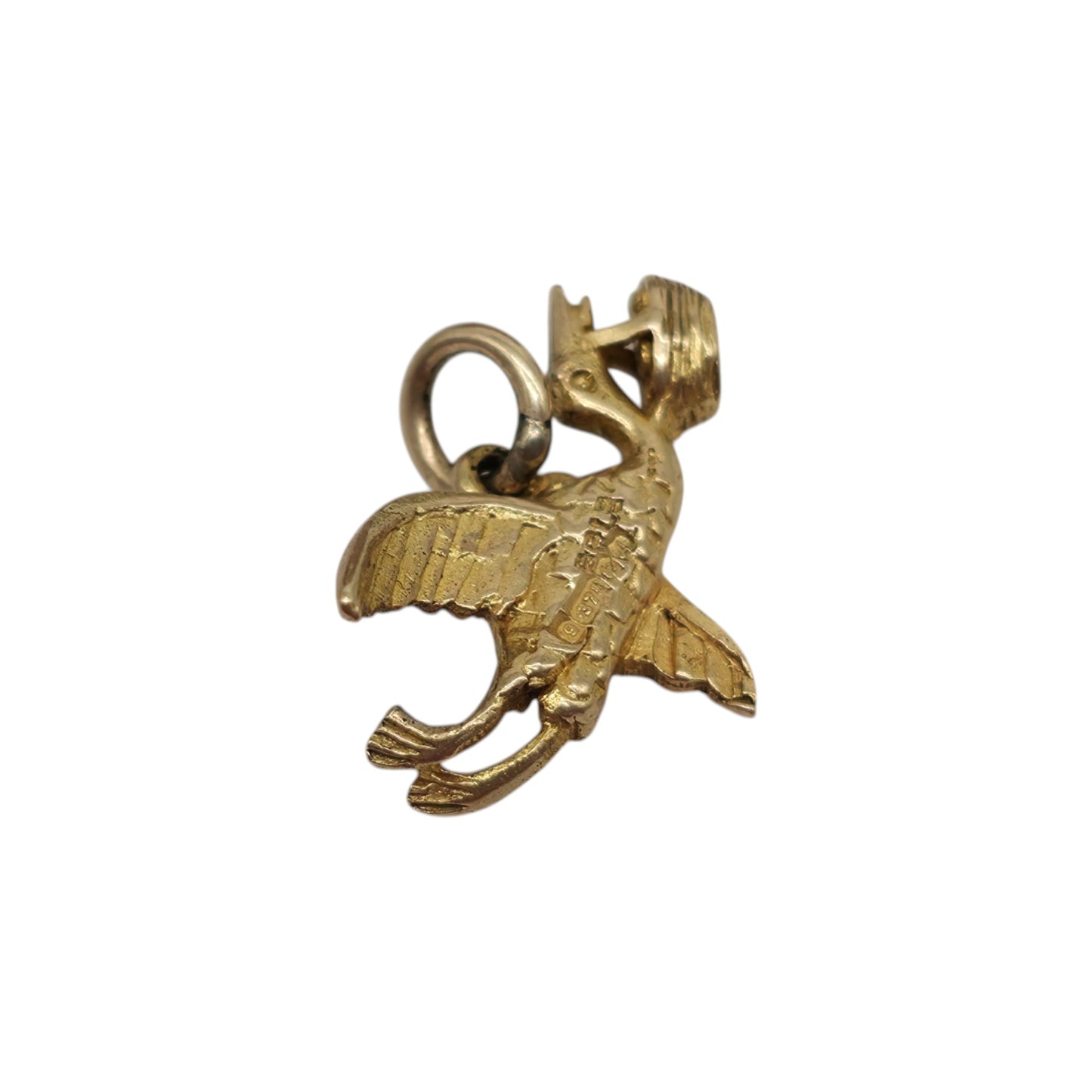 9ct 375 Yellow Gold Stork Bringing Baby Charm 1950 L 1.6 cm 1.2 g.