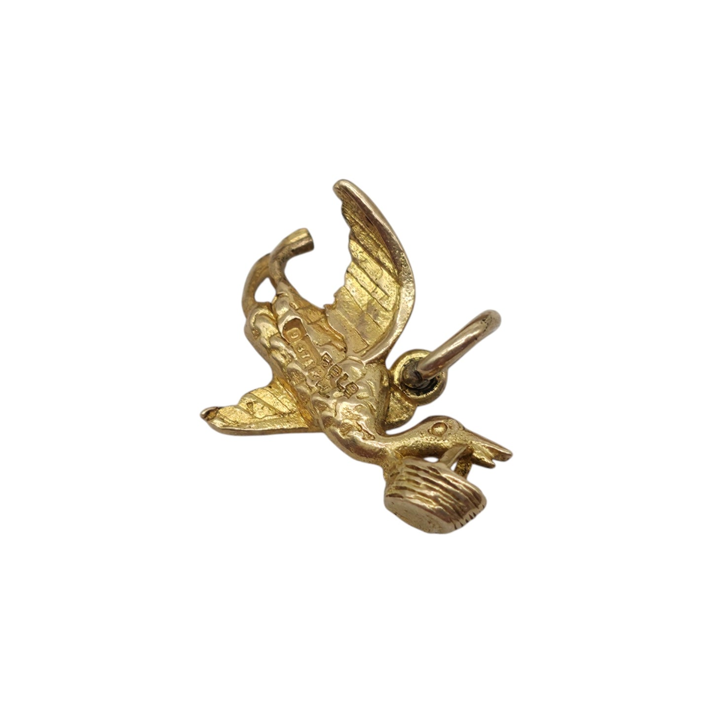 9ct 375 Yellow Gold Stork Bringing Baby Charm 1950 L 1.6 cm 1.2 g.