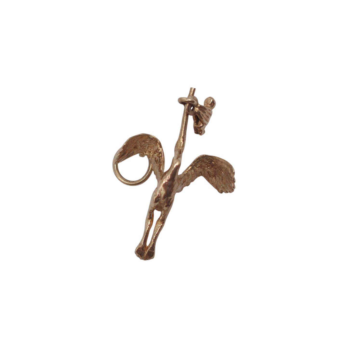 9ct 375 Yellow Gold Articulated Stork Bringing Baby Charm 1964 L 2.4 cm 1.9 g.