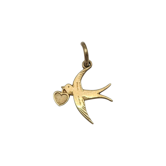 9ct 375 Yellow Gold Swallow With Heart Charm 1977 L 1.3 cm 0.6 g.