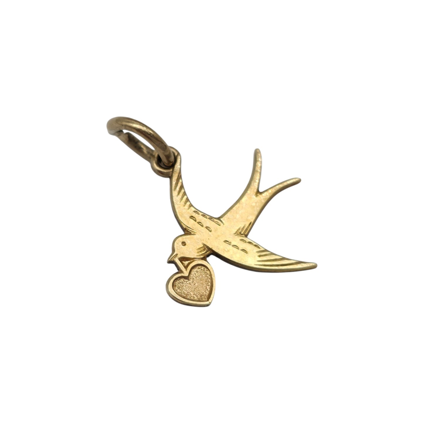 9ct 375 Yellow Gold Swallow With Heart Charm 1977 L 1.3 cm 0.6 g.