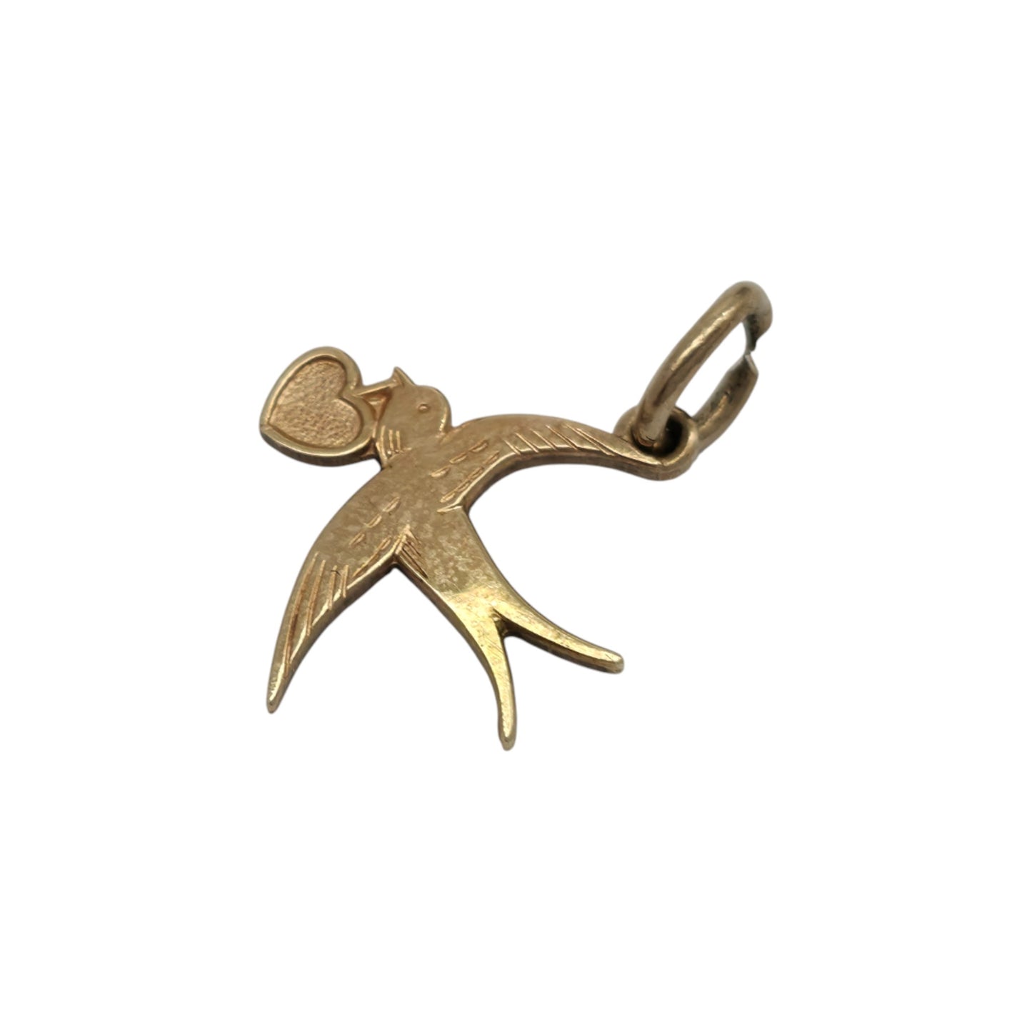 9ct 375 Yellow Gold Swallow With Heart Charm 1977 L 1.3 cm 0.6 g.