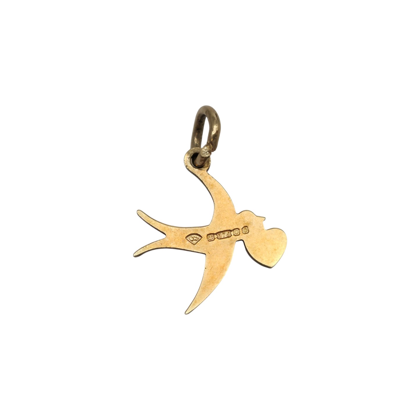 9ct 375 Yellow Gold Swallow With Heart Charm 1977 L 1.3 cm 0.6 g.