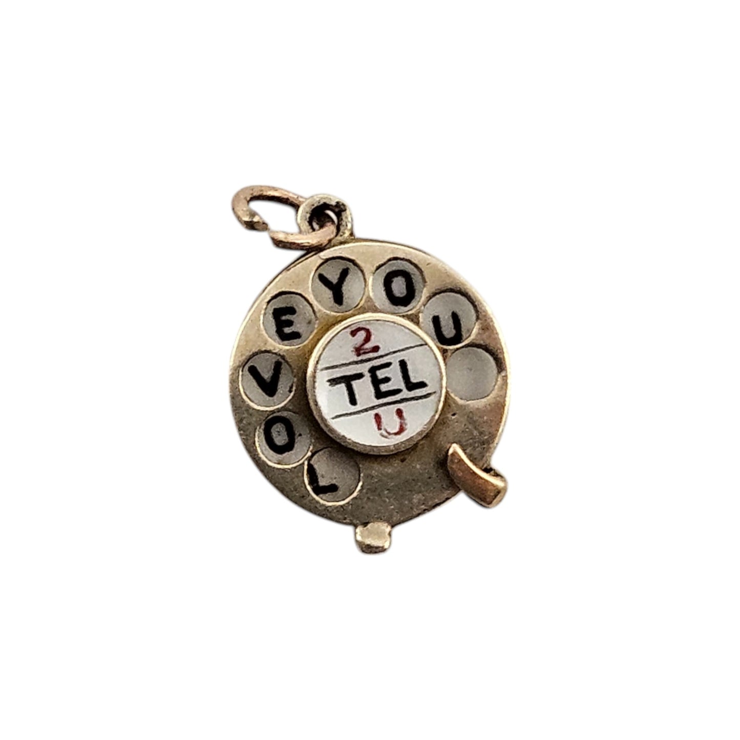 9ct 375 Yellow Gold "2 Tel U I Love You" Articulated Telephone Charm 1954 L 1.3 cm 2.2 g.