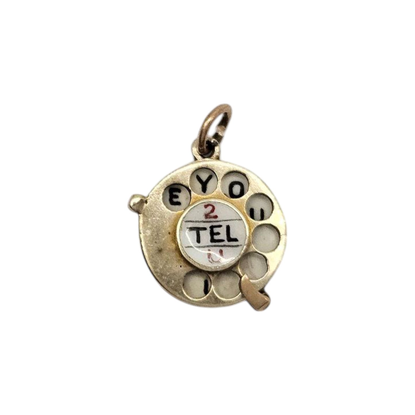 9ct 375 Yellow Gold "2 Tel U I Love You" Articulated Telephone Charm 1954 L 1.3 cm 2.2 g.