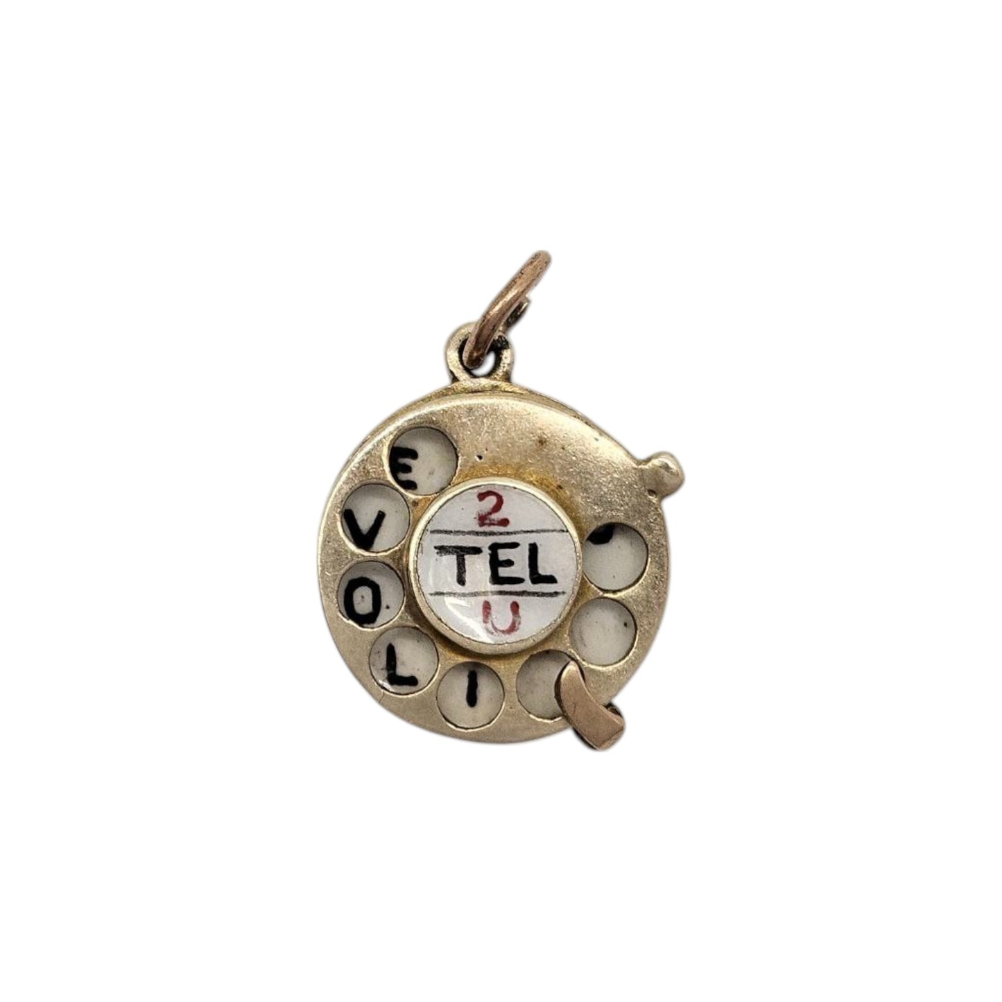 9ct 375 Yellow Gold "2 Tel U I Love You" Articulated Telephone Charm 1954 L 1.3 cm 2.2 g.