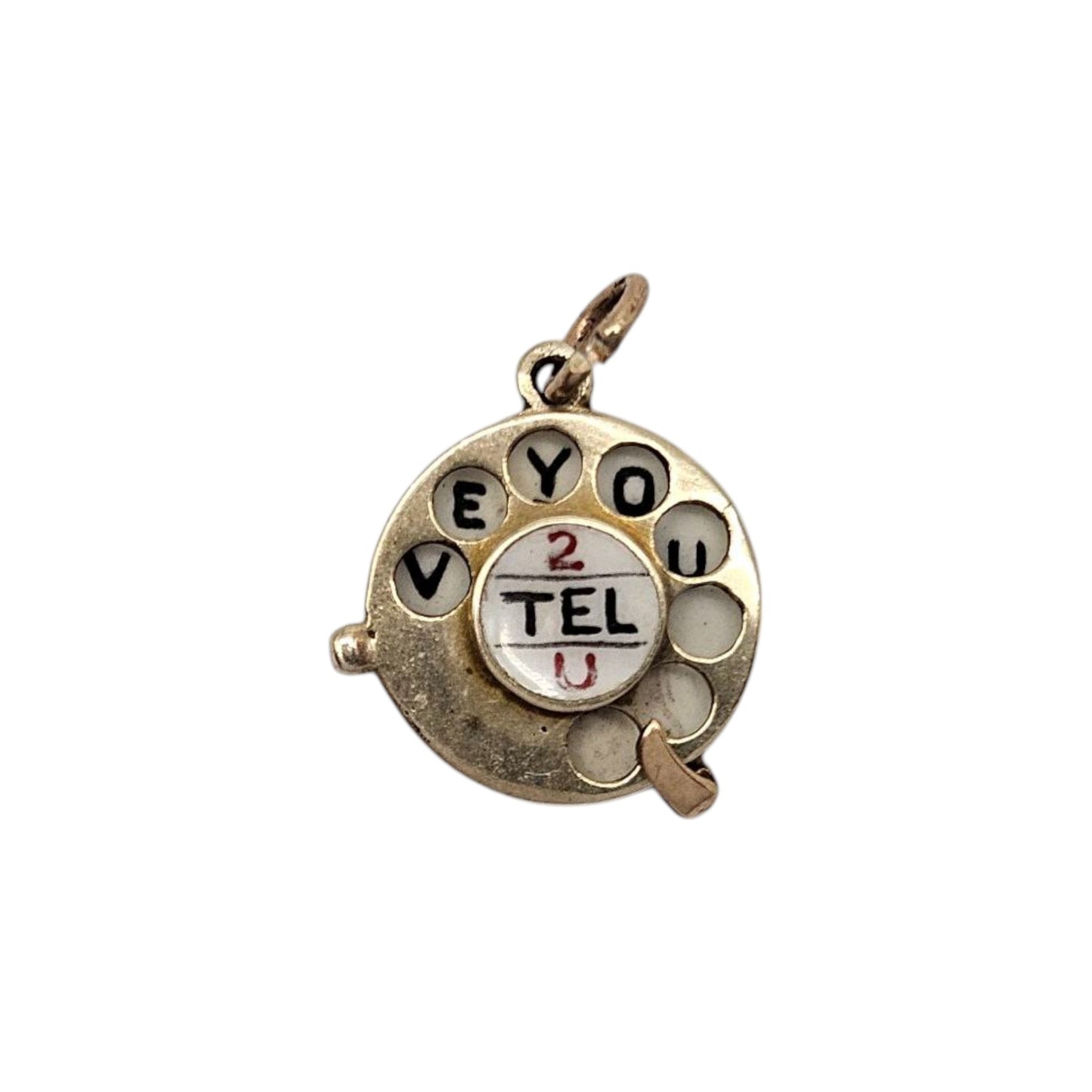 9ct 375 Yellow Gold "2 Tel U I Love You" Articulated Telephone Charm 1954 L 1.3 cm 2.2 g.