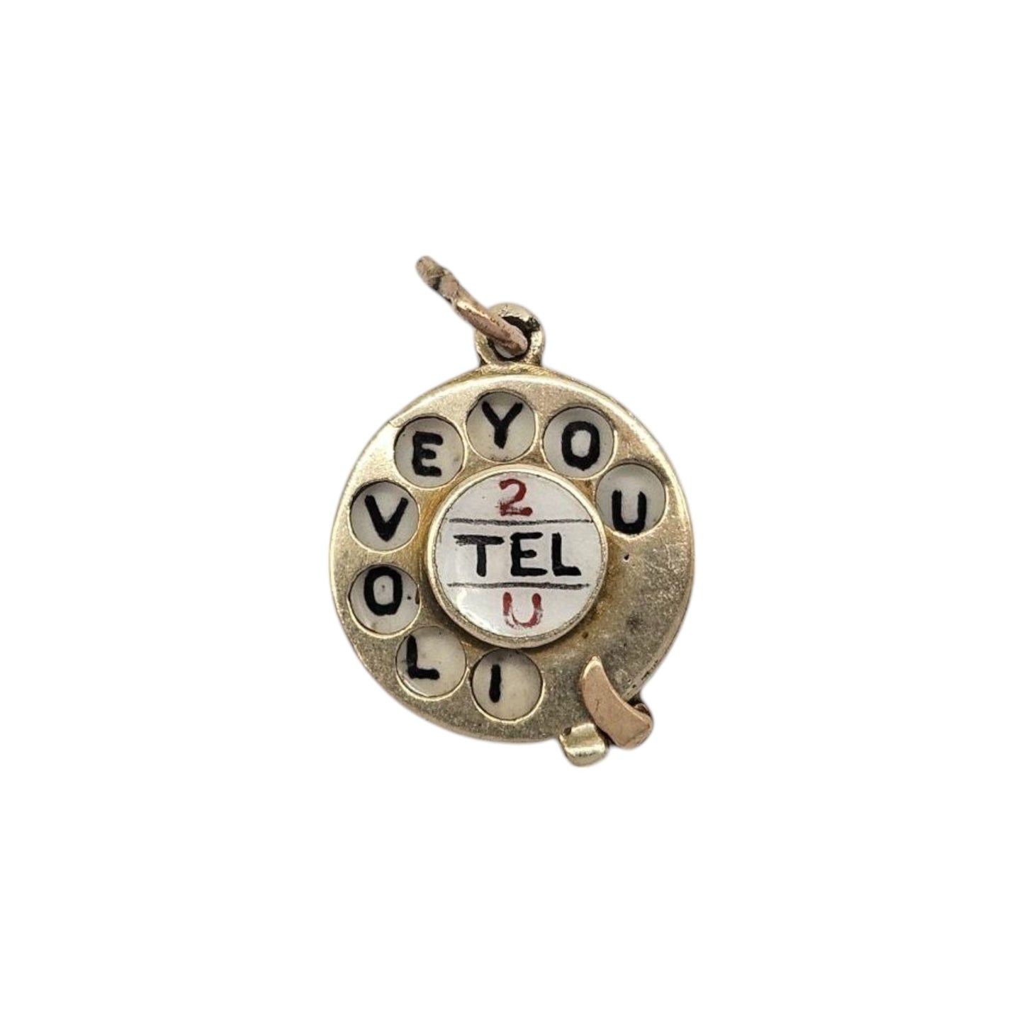 9ct 375 Yellow Gold "2 Tel U I Love You" Articulated Telephone Charm 1954 L 1.3 cm 2.2 g.