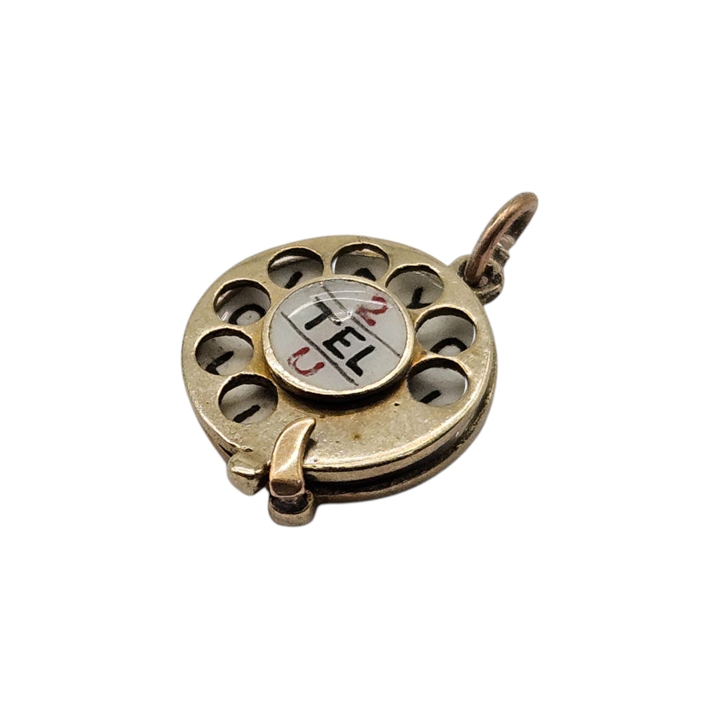 9ct 375 Yellow Gold "2 Tel U I Love You" Articulated Telephone Charm 1954 L 1.3 cm 2.2 g.