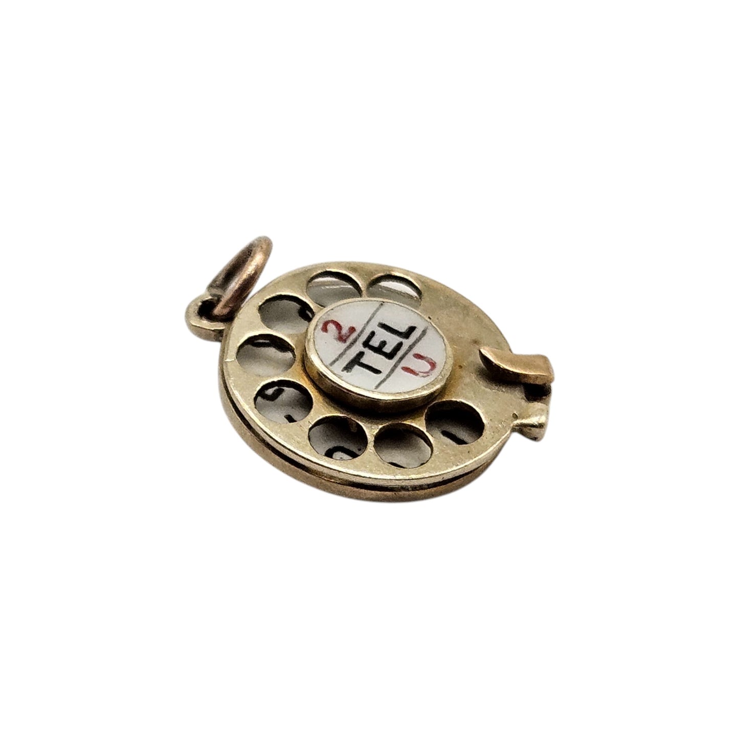 9ct 375 Yellow Gold "2 Tel U I Love You" Articulated Telephone Charm 1954 L 1.3 cm 2.2 g.