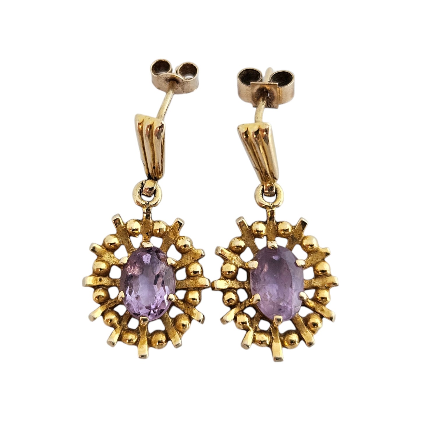 Pair of 9ct 375 Yellow Gold & Amethyst Ear Drops c.1970's L 2.3 cm 2.7 g