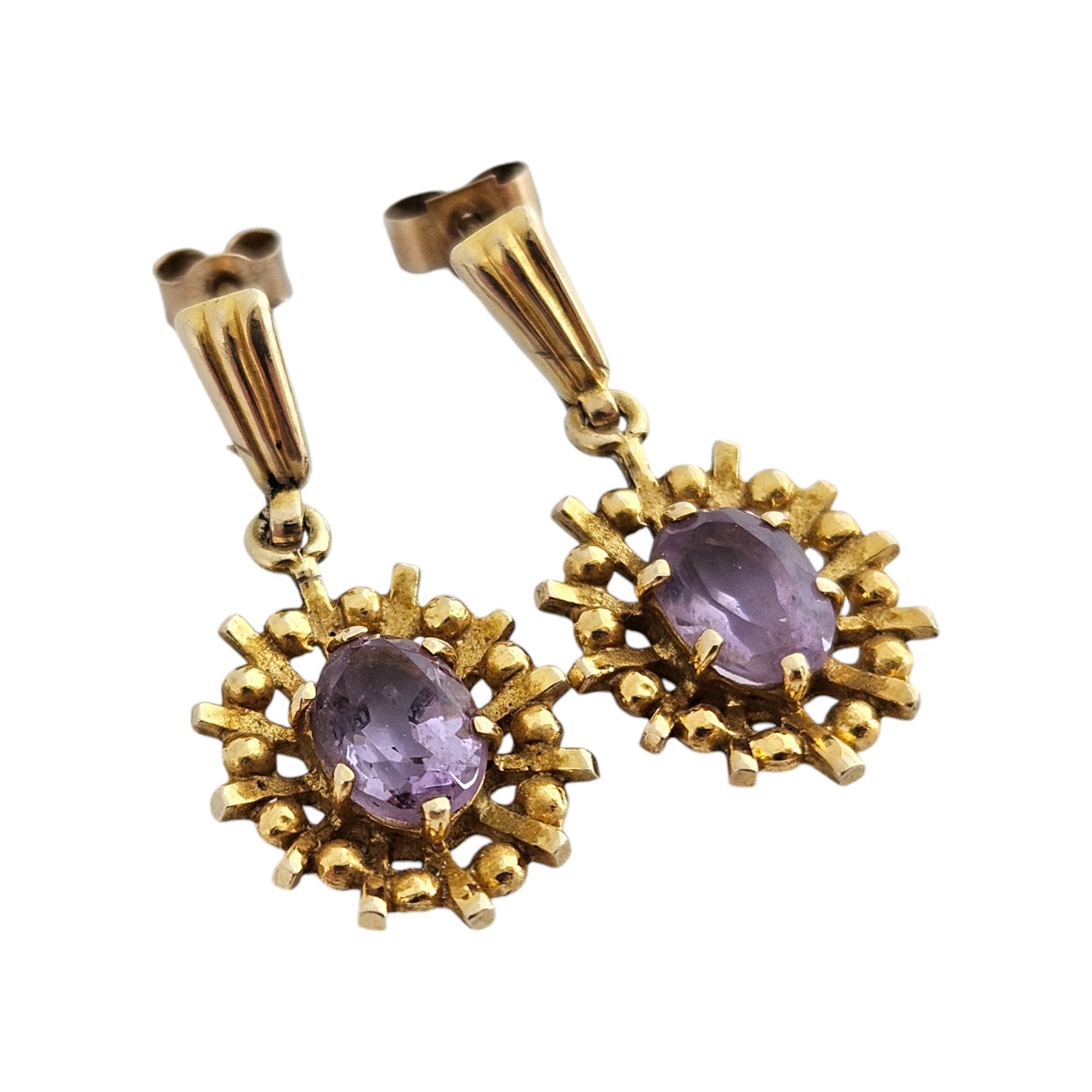 Pair of 9ct 375 Yellow Gold & Amethyst Ear Drops c.1970's L 2.3 cm 2.7 g
