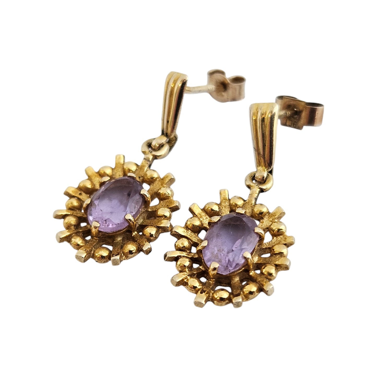 Pair of 9ct 375 Yellow Gold & Amethyst Ear Drops c.1970's L 2.3 cm 2.7 g