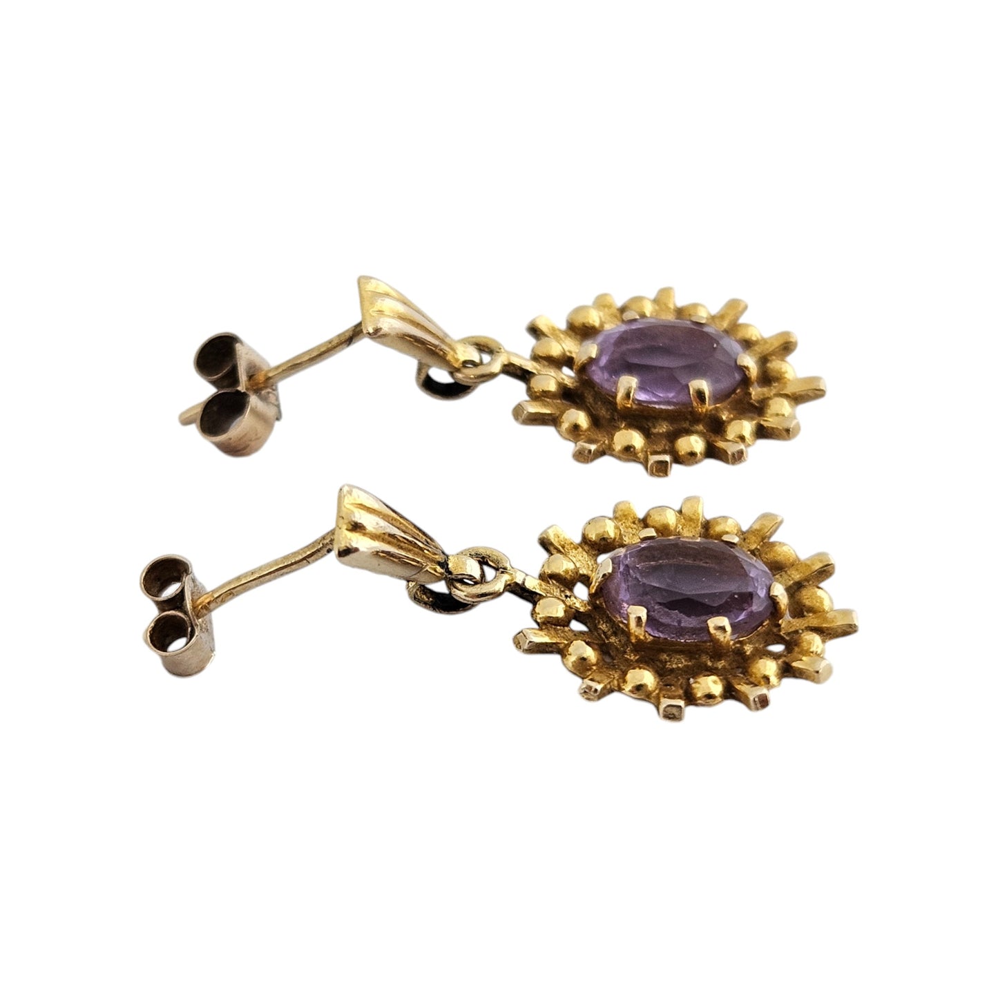 Pair of 9ct 375 Yellow Gold & Amethyst Ear Drops c.1970's L 2.3 cm 2.7 g