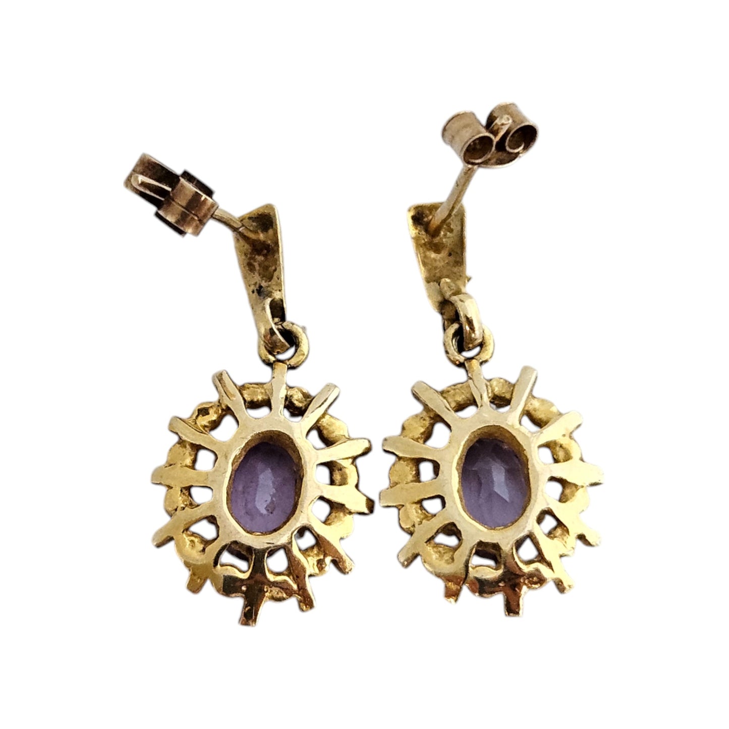 Pair of 9ct 375 Yellow Gold & Amethyst Ear Drops c.1970's L 2.3 cm 2.7 g