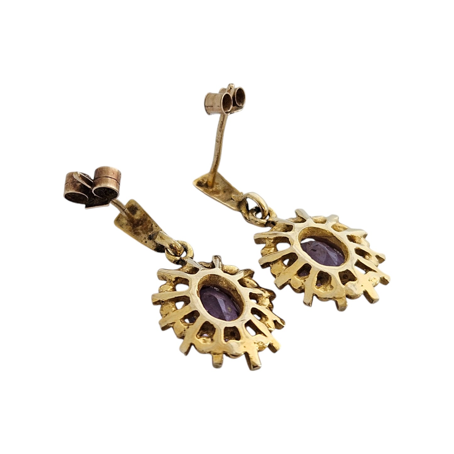 Pair of 9ct 375 Yellow Gold & Amethyst Ear Drops c.1970's L 2.3 cm 2.7 g