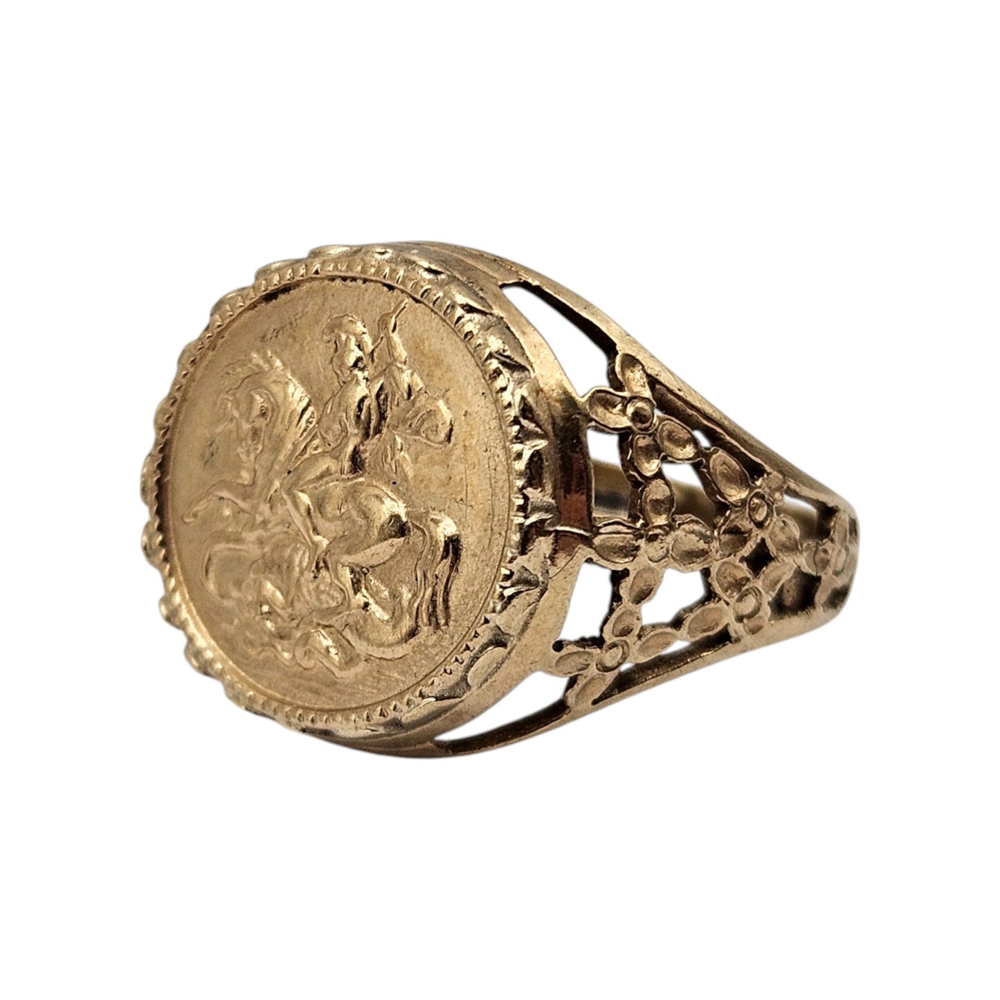 9ct 375 Yellow Gold Saint George and The Dragon Signet Ring 1991 Size I 1/2 2.8 g.