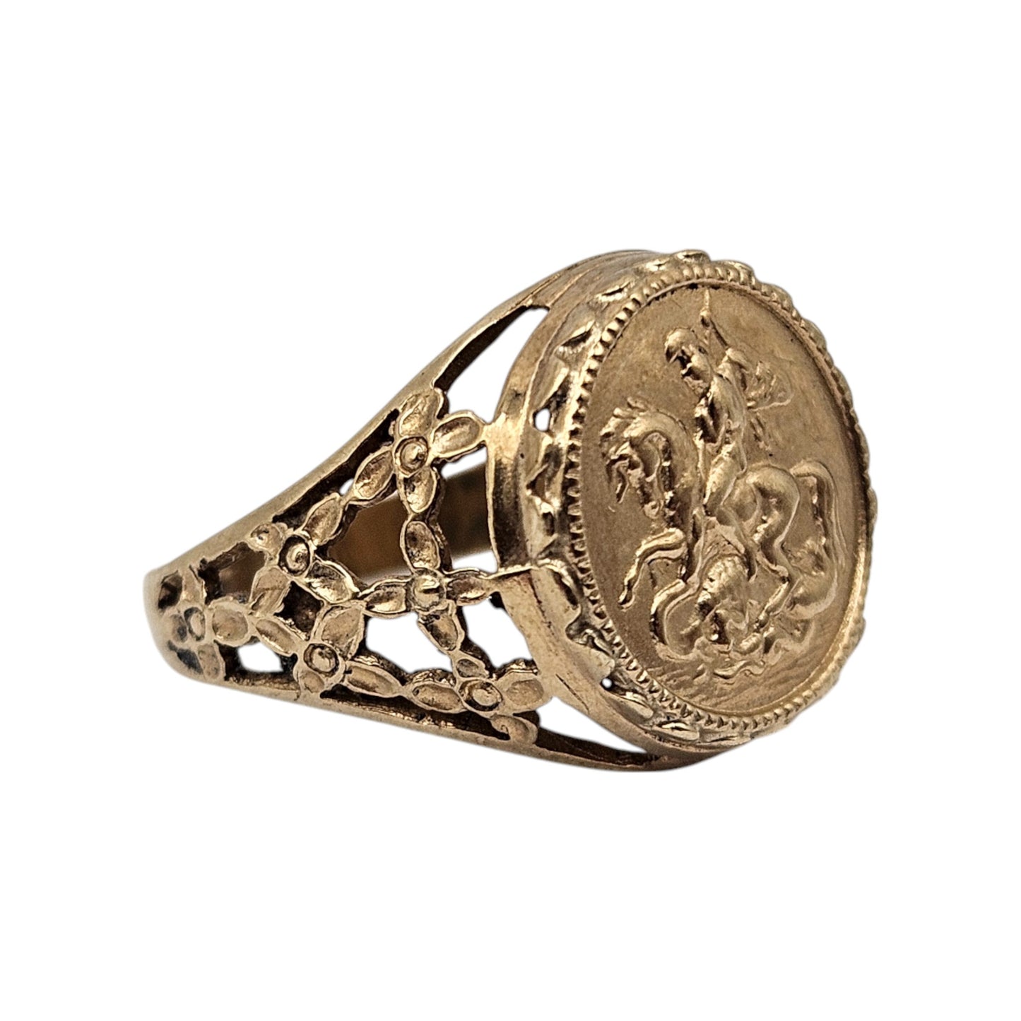 9ct 375 Yellow Gold Saint George and The Dragon Signet Ring 1991 Size I 1/2 2.8 g.