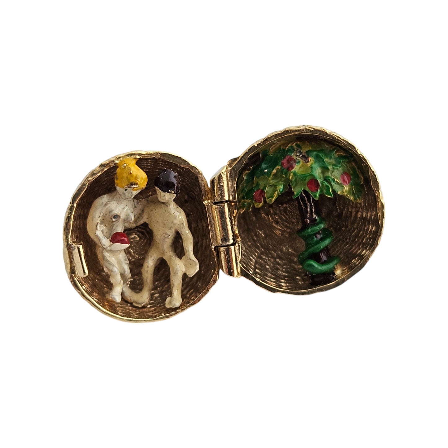 Rare 9ct 375 Yellow Gold & Enamel Adam & Eve Opening Charm 1969 L 1.2 cm 5.0 g