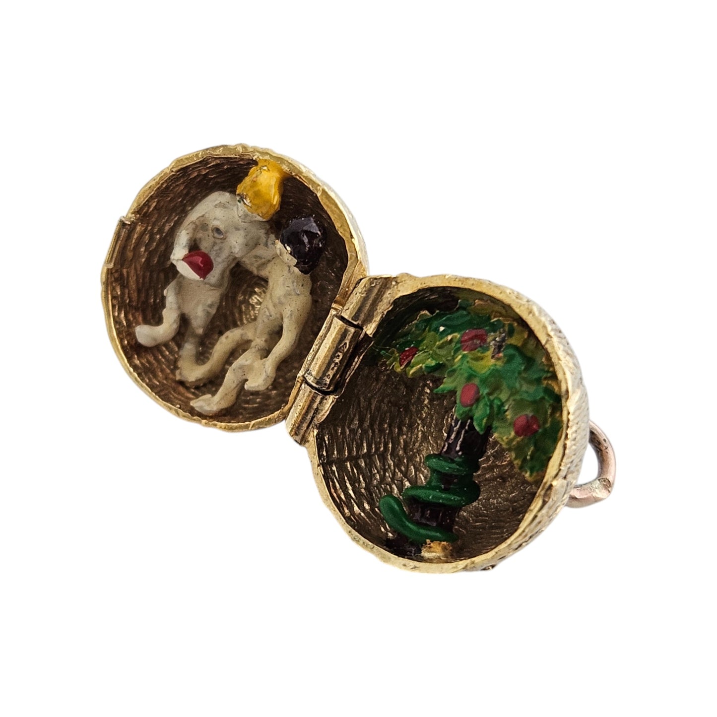 Rare 9ct 375 Yellow Gold & Enamel Adam & Eve Opening Charm 1969 L 1.2 cm 5.0 g