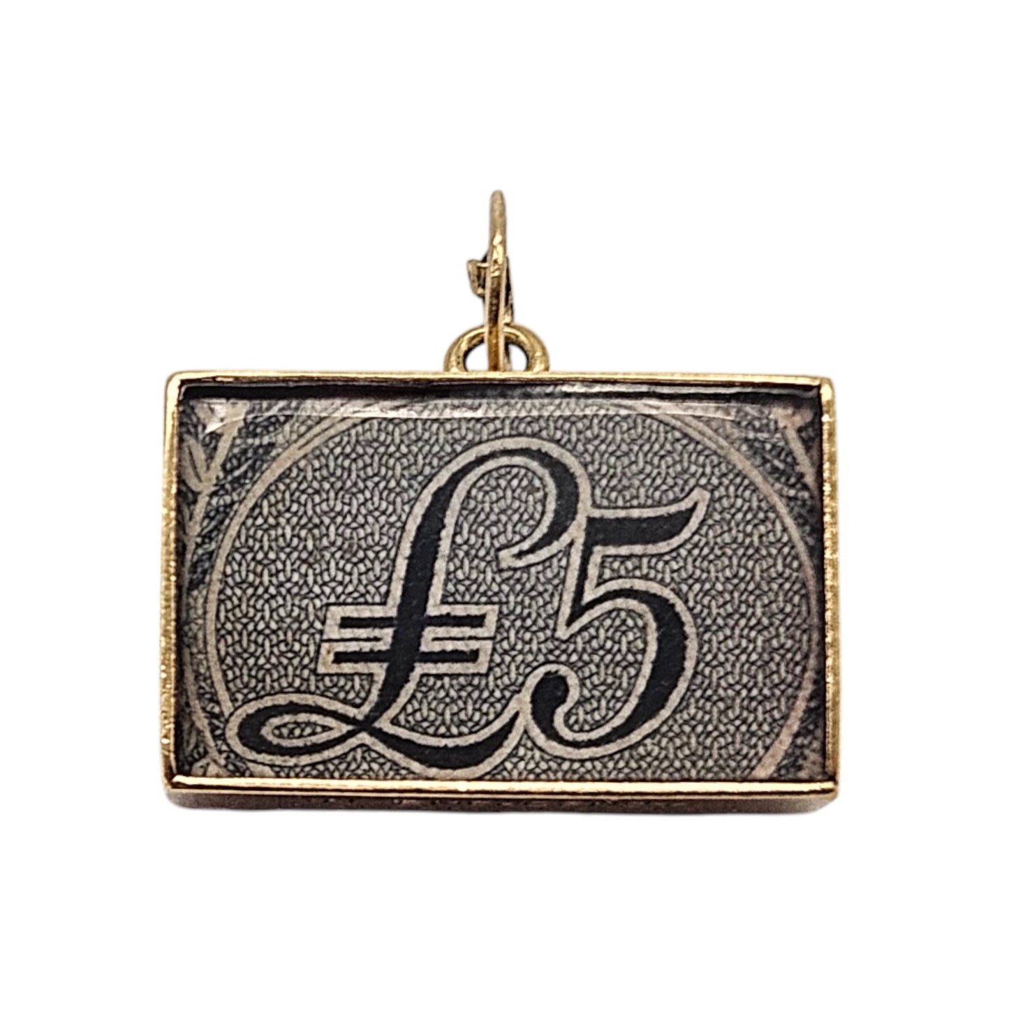 9ct 375 Yellow Gold £5 Emergency Banknote Charm 1973 L 1.8 cm 3.2 g.