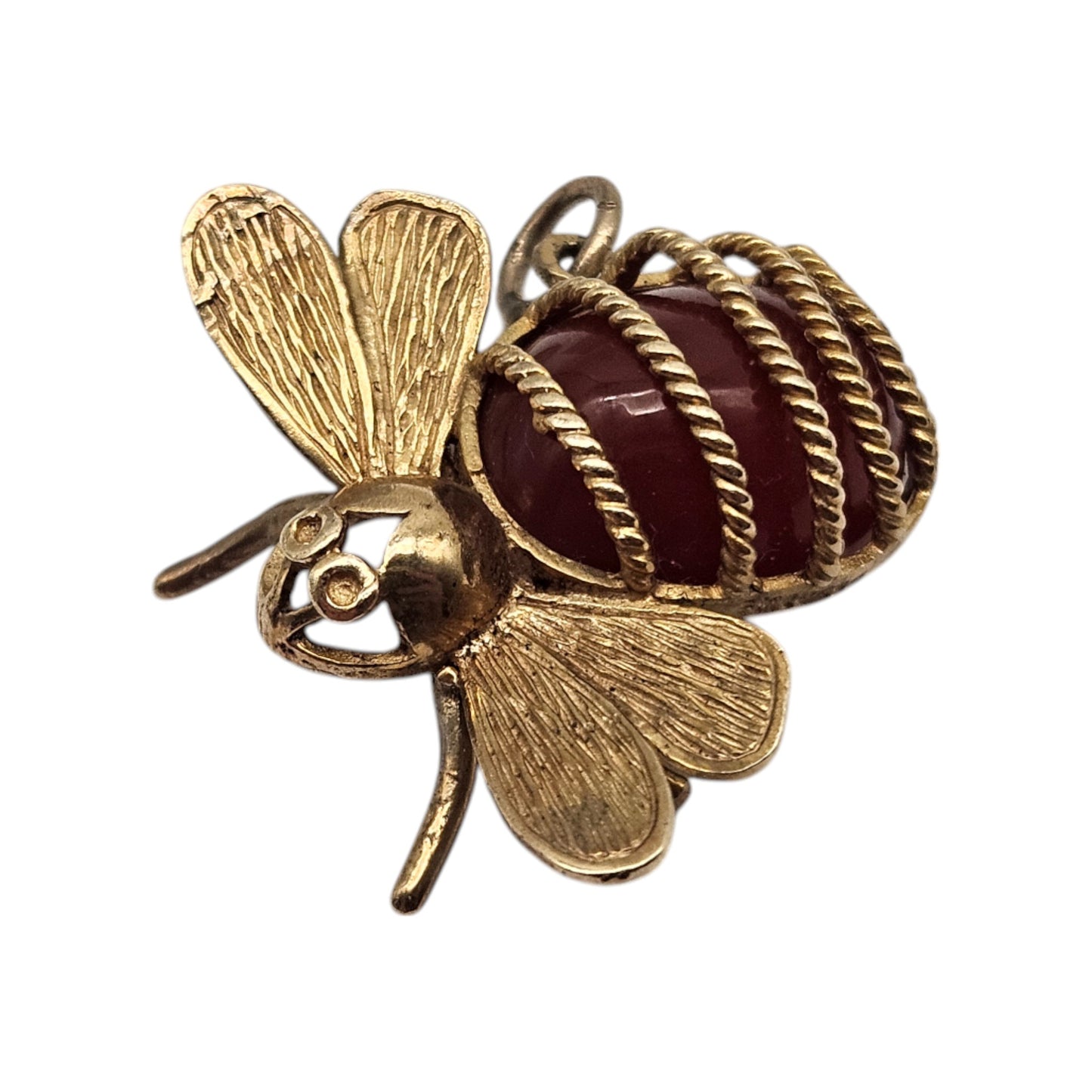 Unusual 9ct 375 Yellow Gold Bee Charm with Carnelian 1971 L 2.4 cm 5.5 g