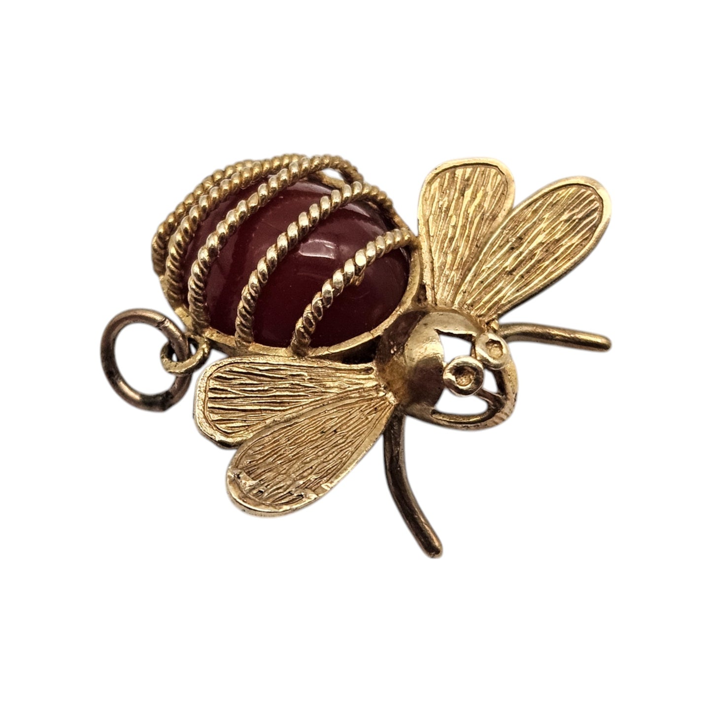 Unusual 9ct 375 Yellow Gold Bee Charm with Carnelian 1971 L 2.4 cm 5.5 g