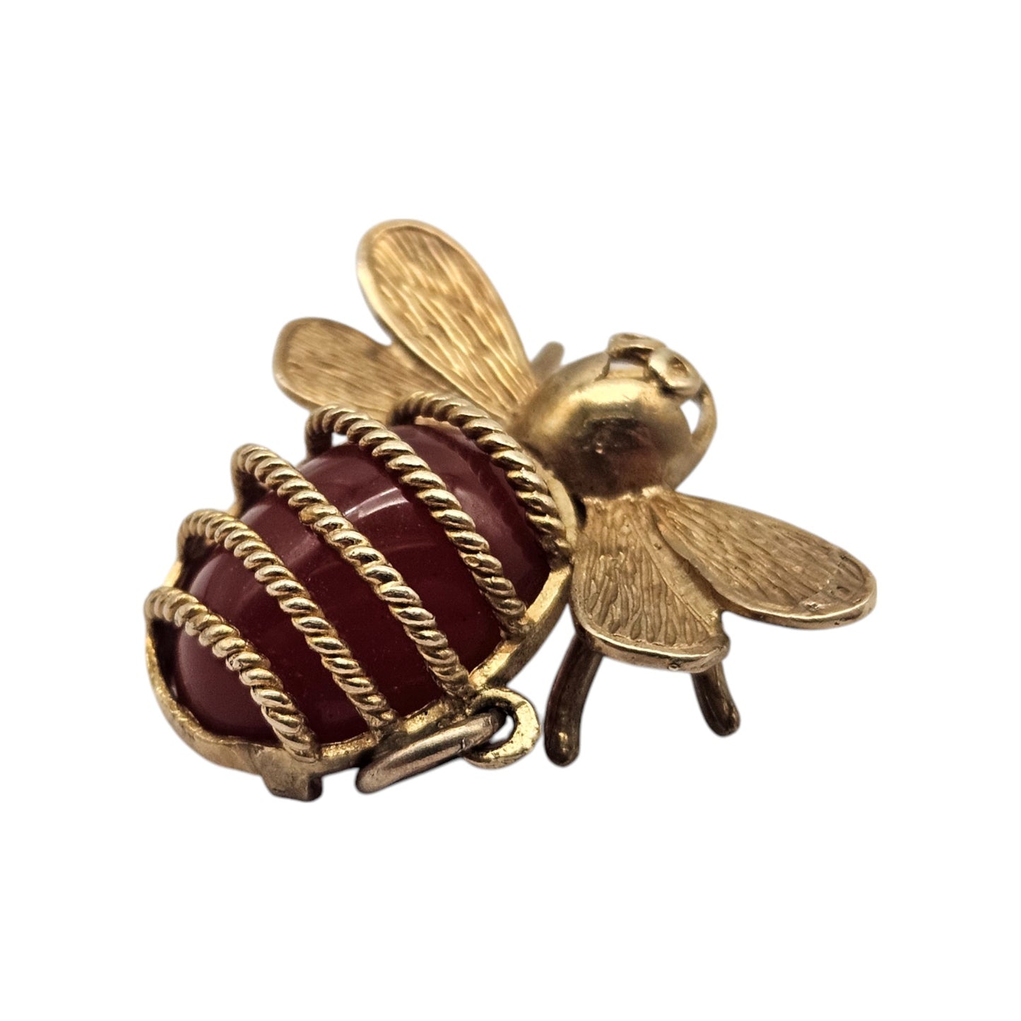 Unusual 9ct 375 Yellow Gold Bee Charm with Carnelian 1971 L 2.4 cm 5.5 g
