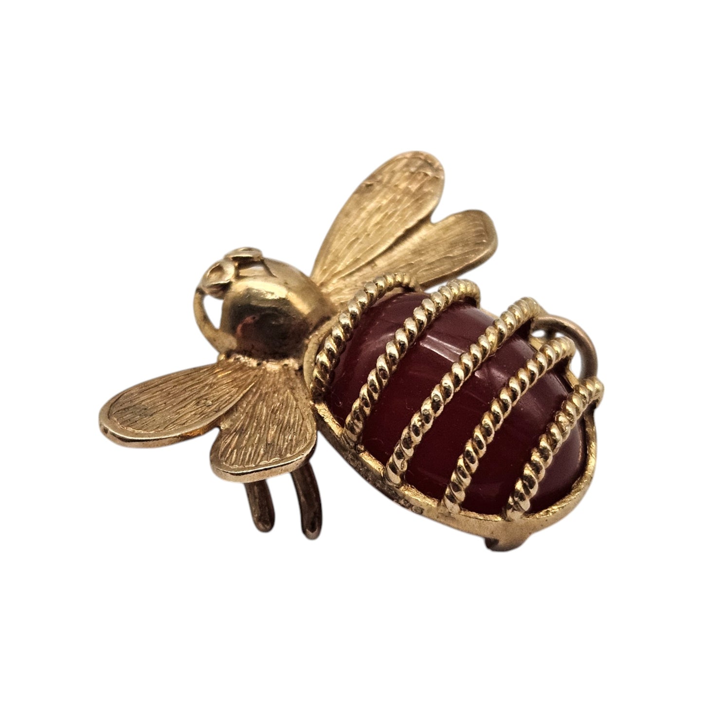 Unusual 9ct 375 Yellow Gold Bee Charm with Carnelian 1971 L 2.4 cm 5.5 g