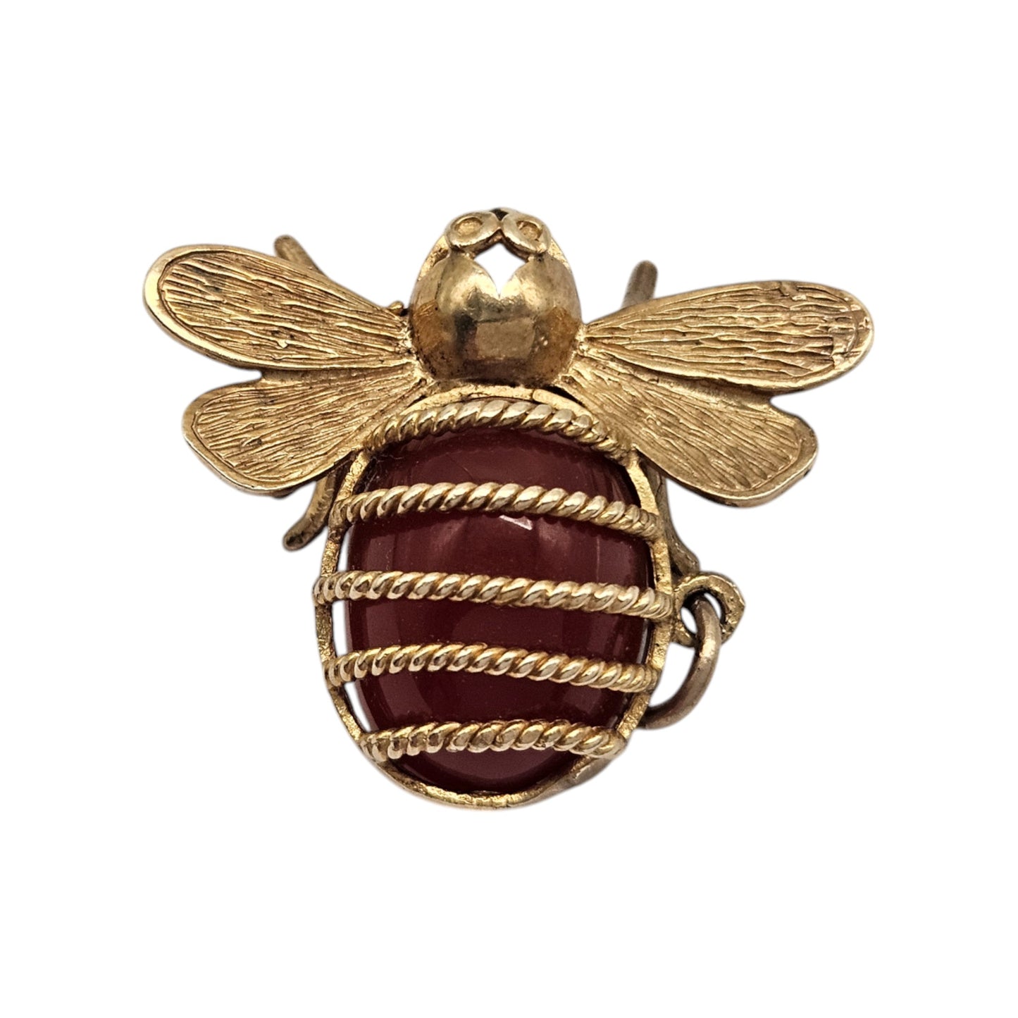 Unusual 9ct 375 Yellow Gold Bee Charm with Carnelian 1971 L 2.4 cm 5.5 g