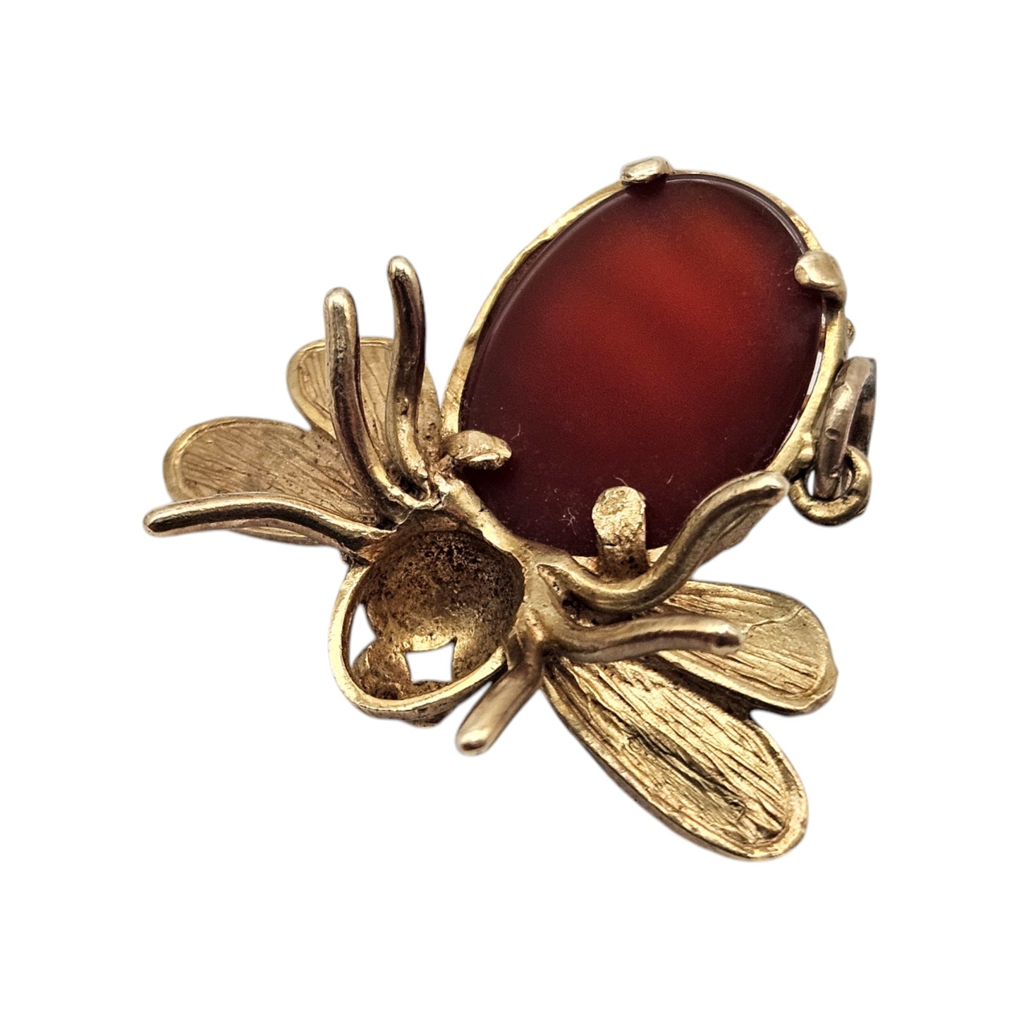 Unusual 9ct 375 Yellow Gold Bee Charm with Carnelian 1971 L 2.4 cm 5.5 g