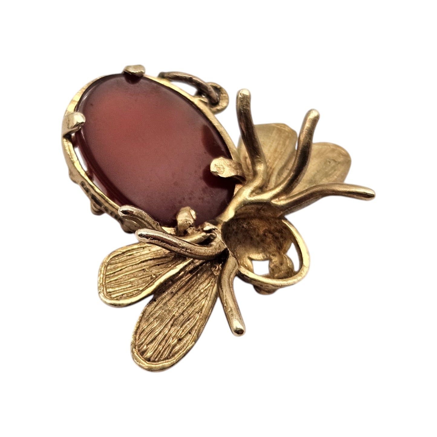 Unusual 9ct 375 Yellow Gold Bee Charm with Carnelian 1971 L 2.4 cm 5.5 g